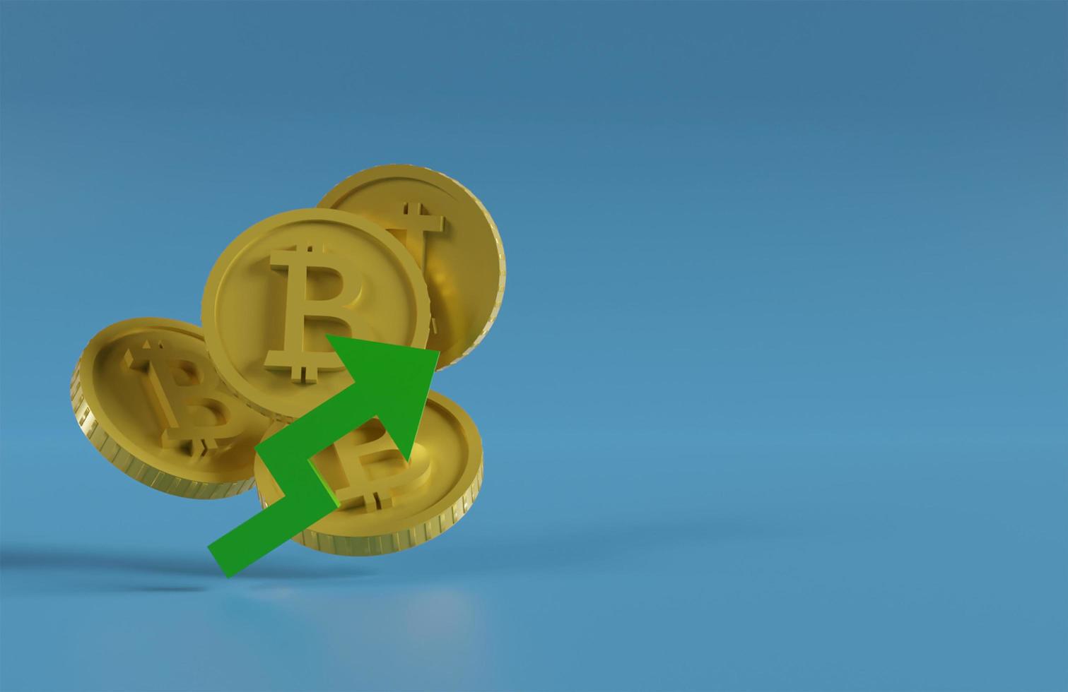 bitcoinmynt med uppåtpil, bitcoinpriskonceptet går upp, 3d-rendering foto