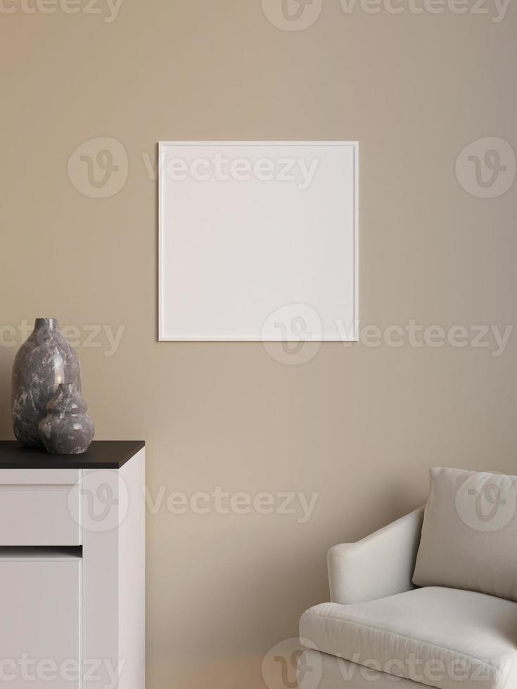 enkel och minimalistisk fyrkantig vit affisch eller fotorammockup på väggen i vardagsrummet. 3d-rendering. foto