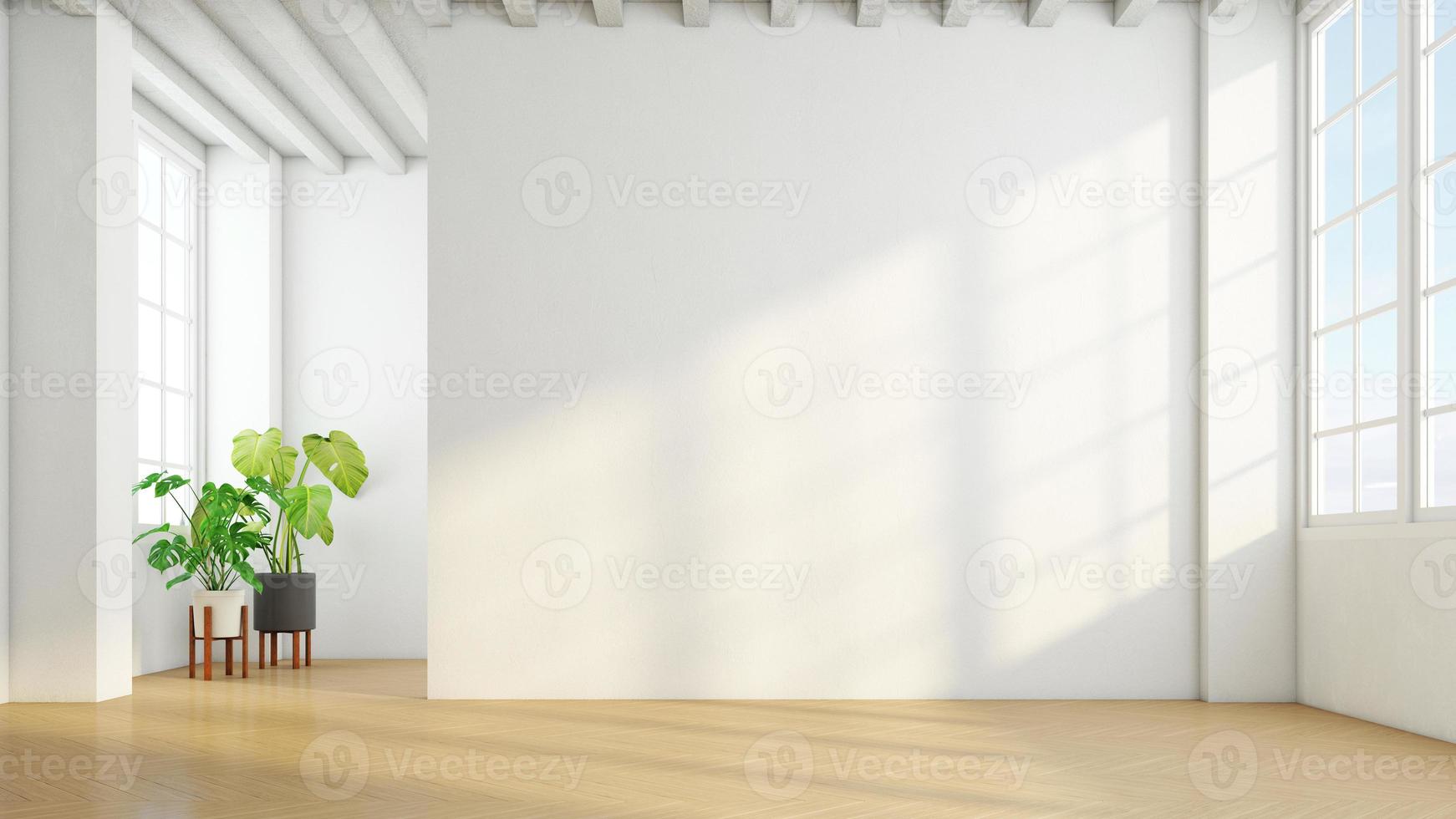 minimalistiskt tomt rum med vit vägg och trägolv och inomhus gröna växter. 3d-rendering foto