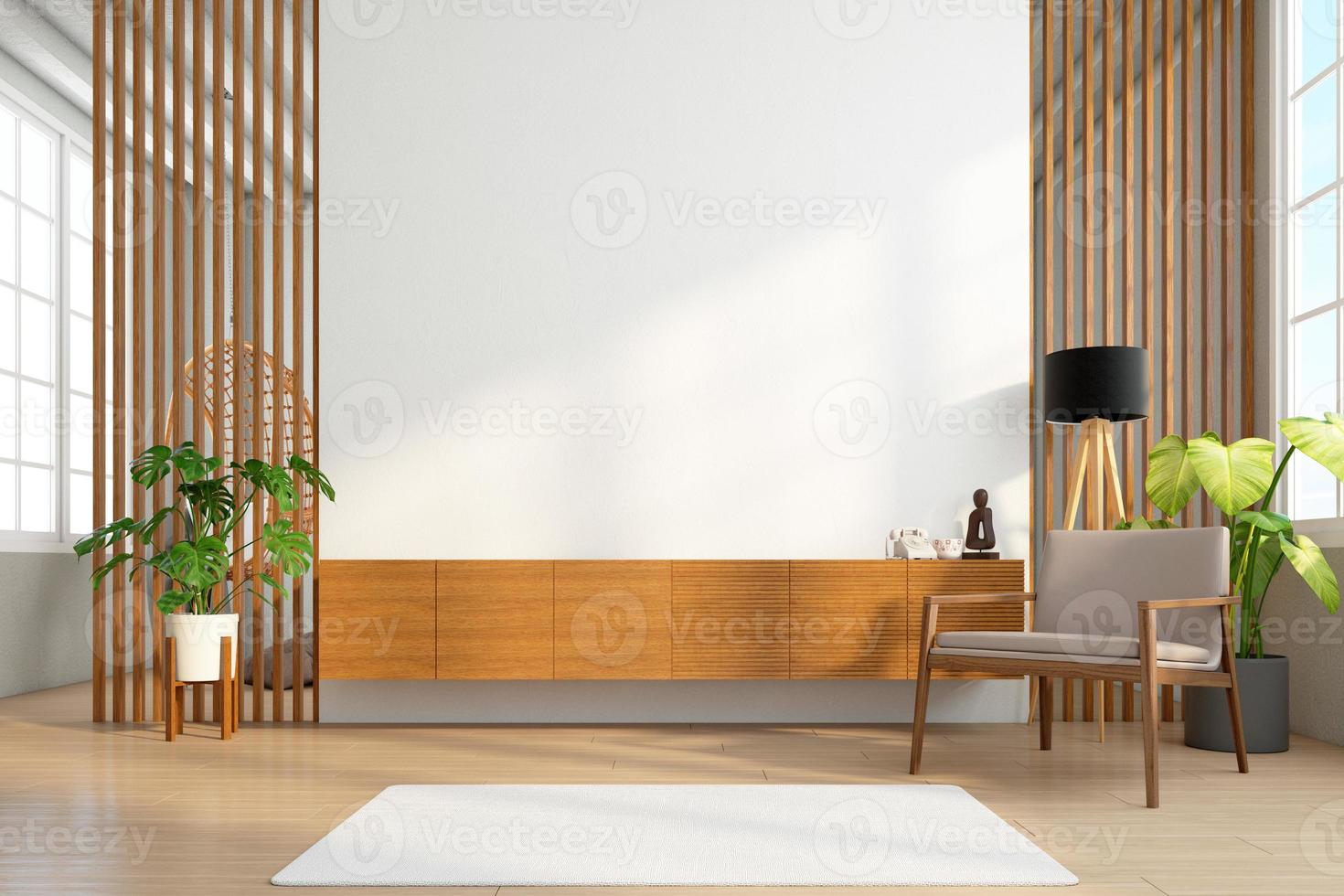 skåp trä för tv på trä lamellväggen i vardagsrummet med minimalistisk design. 3d-rendering foto
