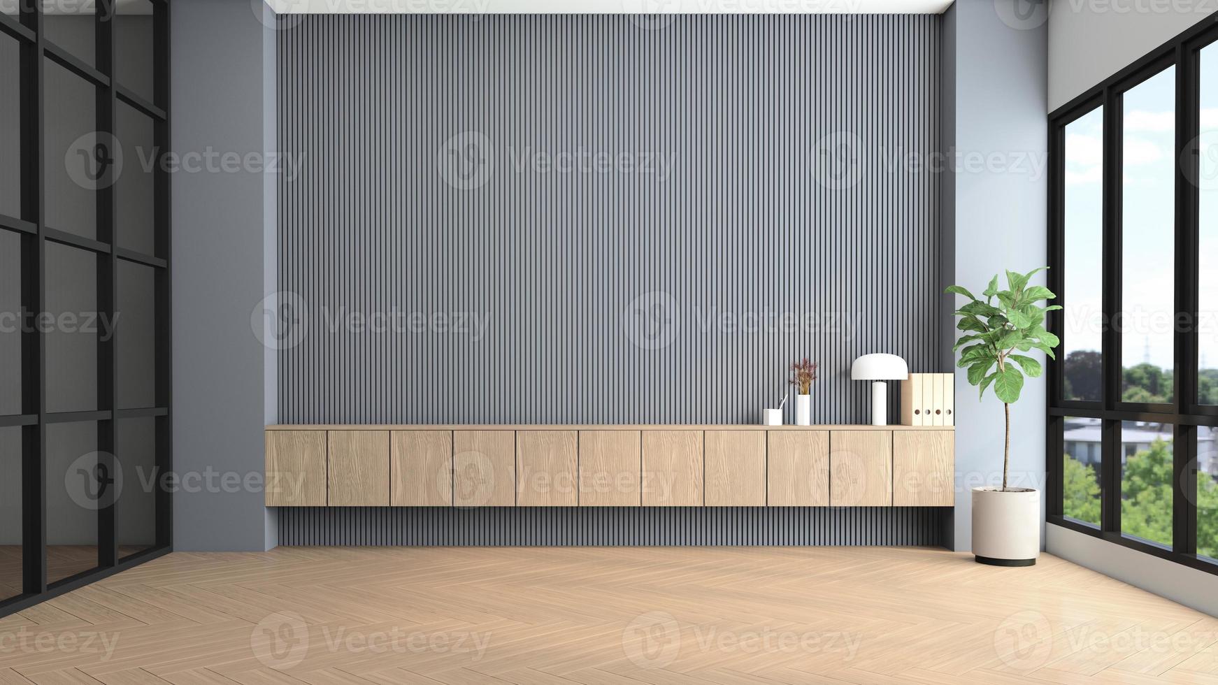 modernt tomt rum med grå lamellvägg och inbyggt träskåp. 3d-rendering foto