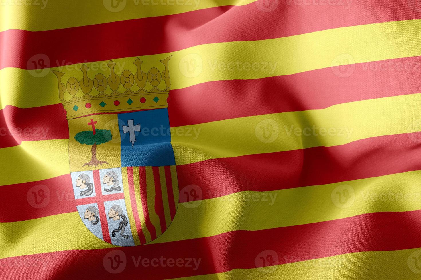 3d illustration flagga av aragon är en region i Spanien. vinkar på t foto