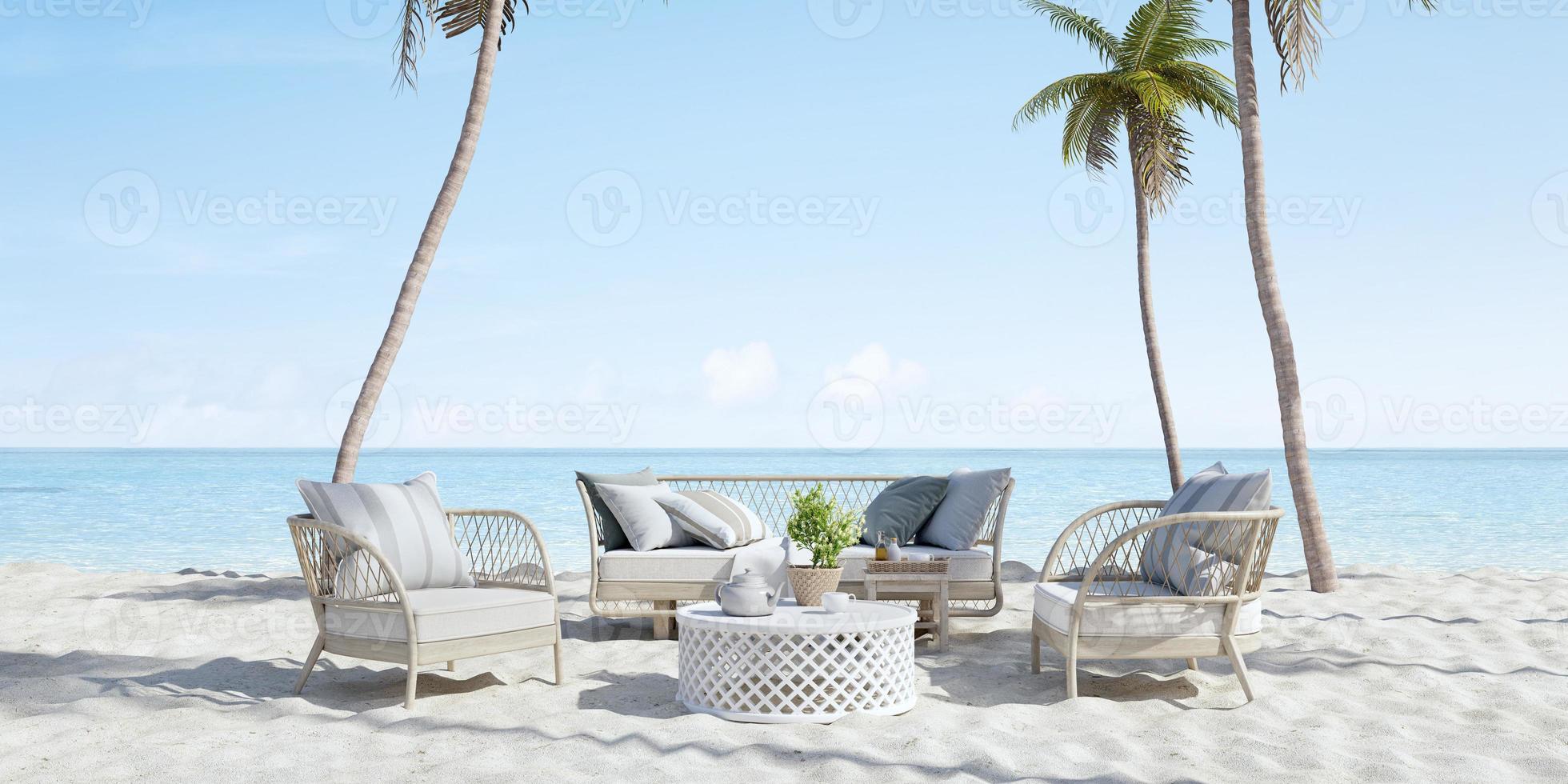 soffa och stol på sandstrand med palm.concept för semester och relaxation.3D-rendering foto