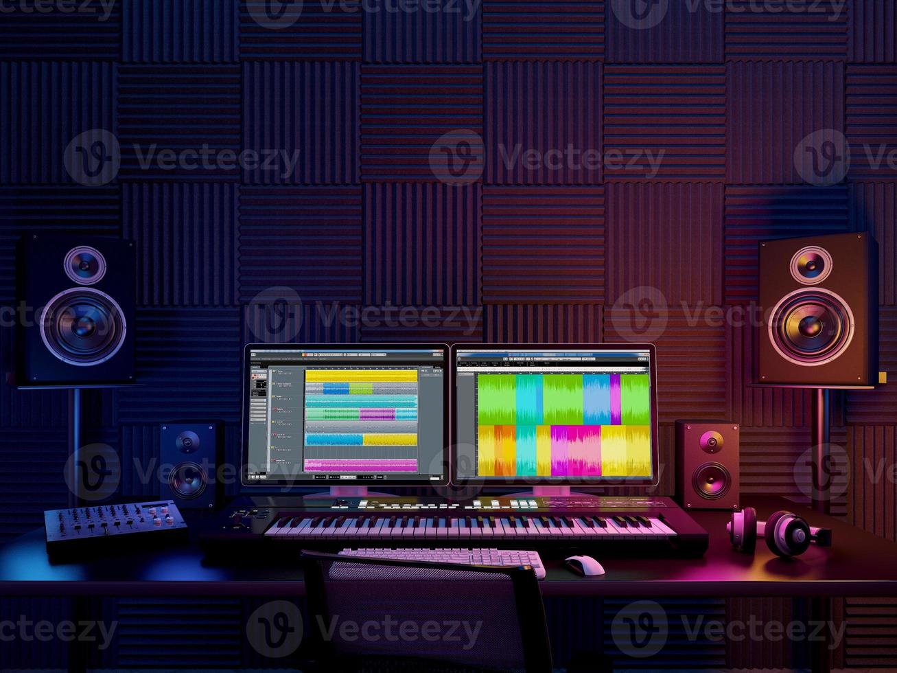 ljud arbetsplats, inspelningsstudio, dator musik studio.3D-rendering foto