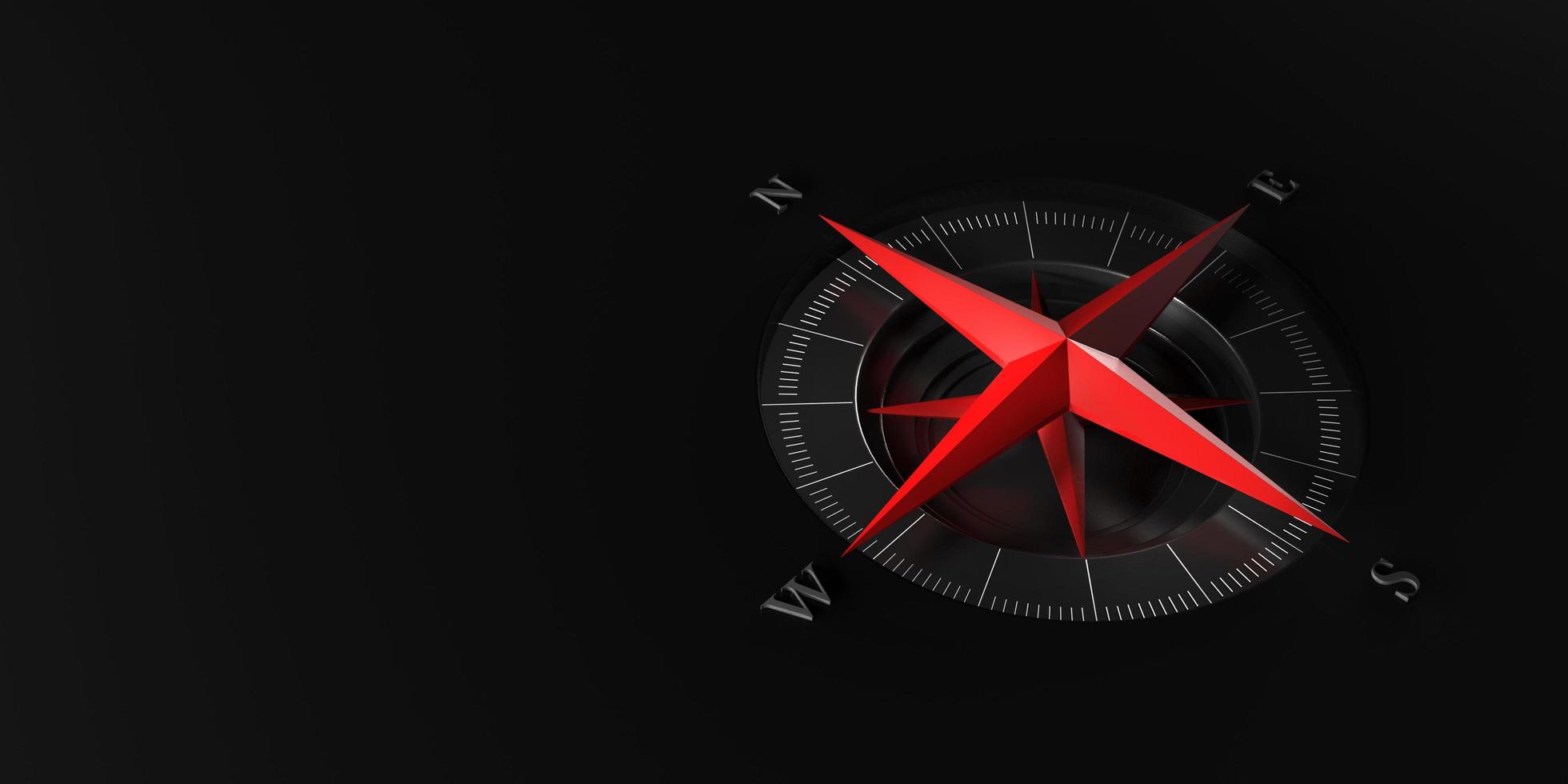 röd modern kompass på svart bakgrund med kopia utrymme för text eller design.3D-rendering foto