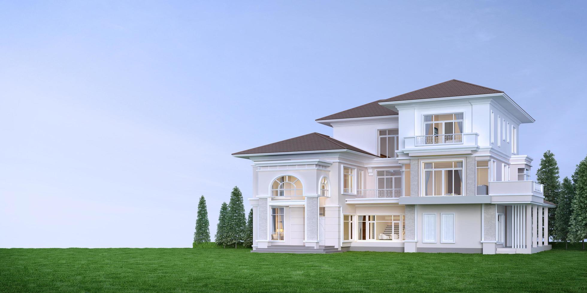 exteriör lyxhus. klassisk stil med gräsmatta field.concept för fastighetsförsäljning eller fastighetsinvestering3d-rendering foto