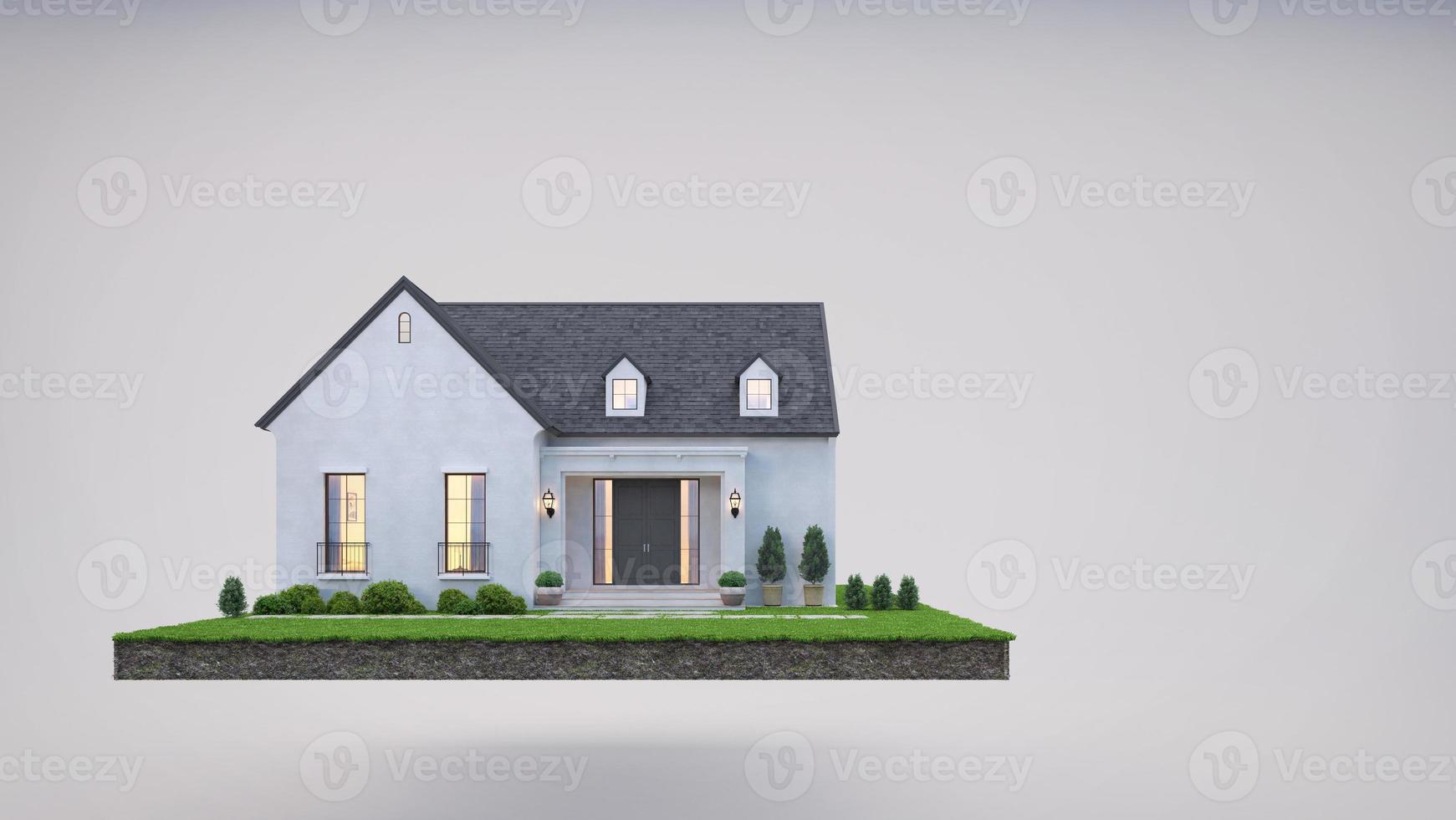 hus på jorden och gräsmatta gräs i fastighetsförsäljning eller fastighetsinvestering concept.3d rendering foto