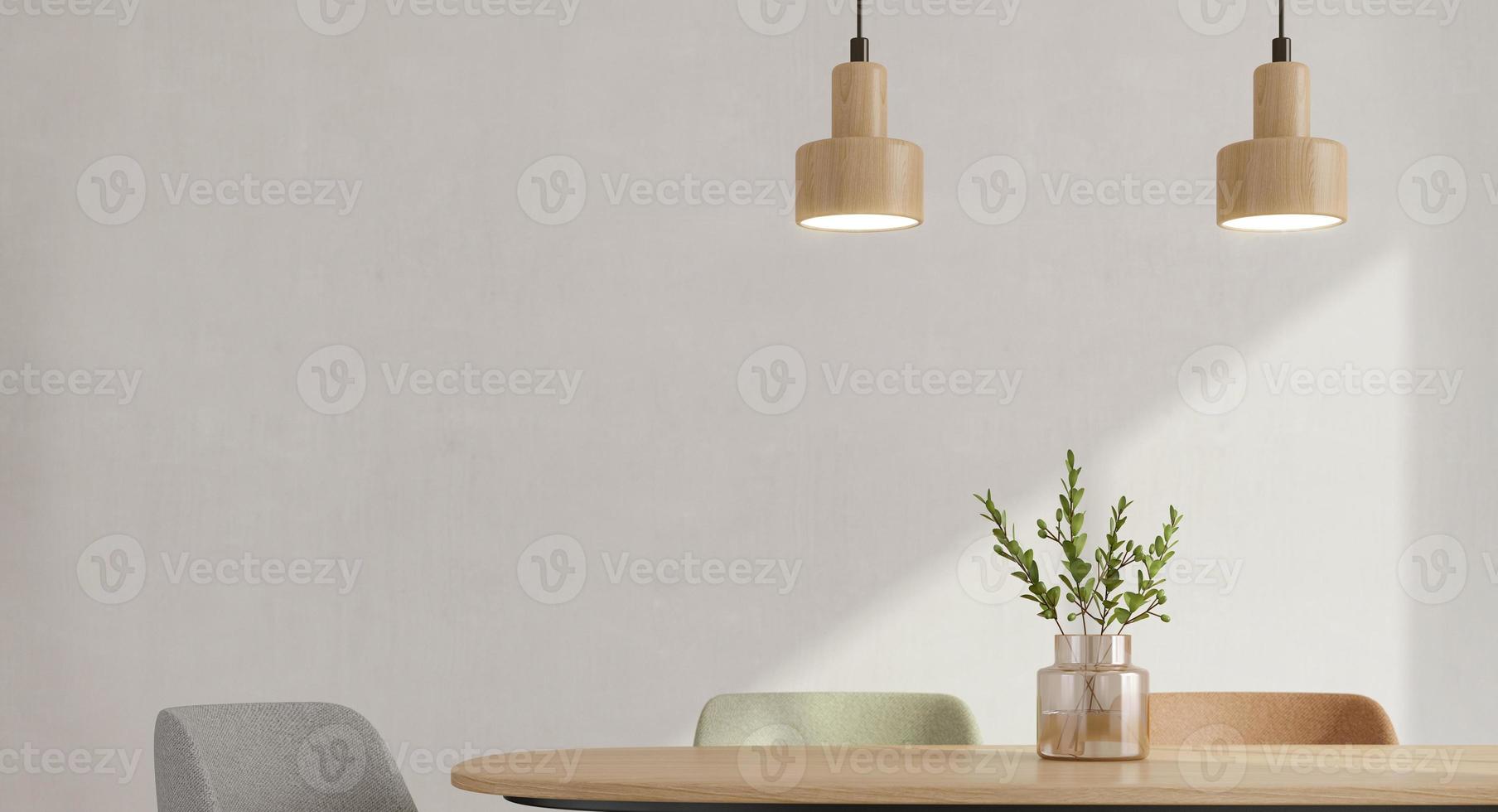 detalj av modern matsal interiör minimal stil. stolar, bord, glasvas och taklampa med solljus på vit vägg bakgrund. 3D-rendering foto