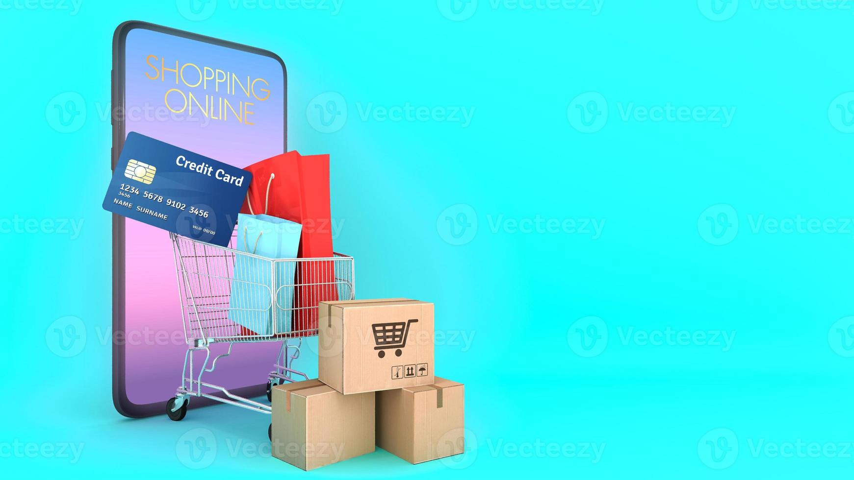 många papperslådor och färgglada papperspåsar och kreditkort i en kundvagn dök upp från smartphones skärm., shopping online eller shopaholic koncept, 3d-rendering. foto