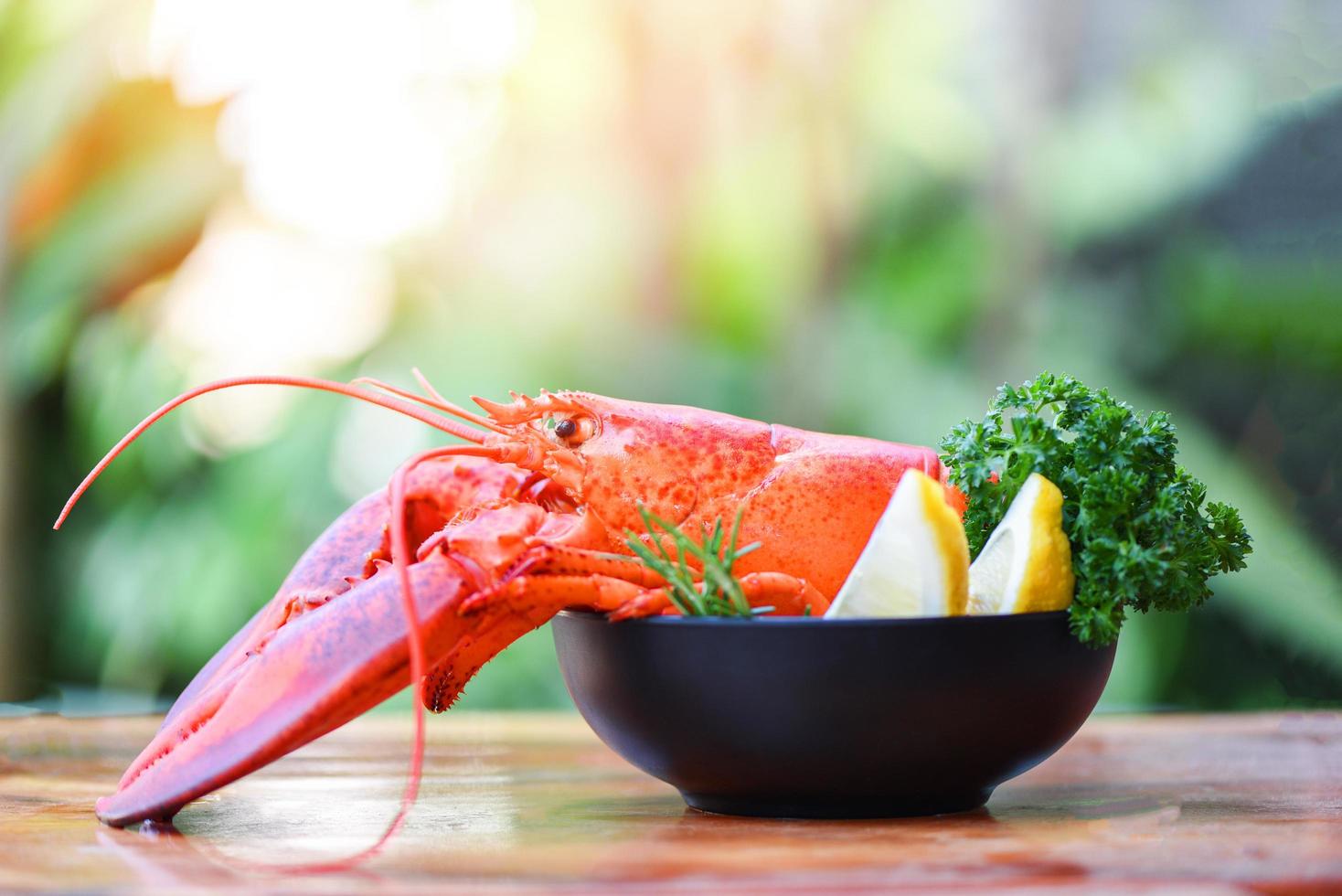 färsk hummermat på en skål och naturbakgrund - röd hummermiddag skaldjur med örtkryddor citron rosmarin serveras bord och i restaurangen gourmetmat tillagad hälsosam kokt hummer foto