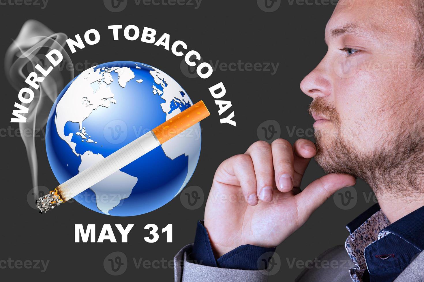 världsdagen för tobaksfri, affisch. en man tittar på jordklotet mot bakgrund av en rökande cigarett. foto