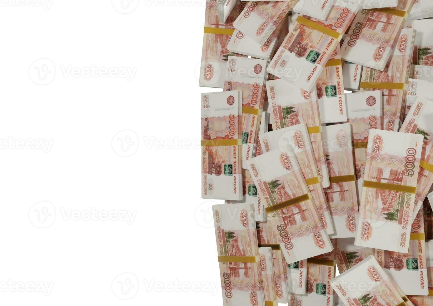 stapla ryska kontanter eller sedlar av ryska rubel utspridda på en vit bakgrund isolerad konceptet ekonomisk, finans, bakgrund, nyheter, sociala medier och textur av pengar 3d-rendering foto