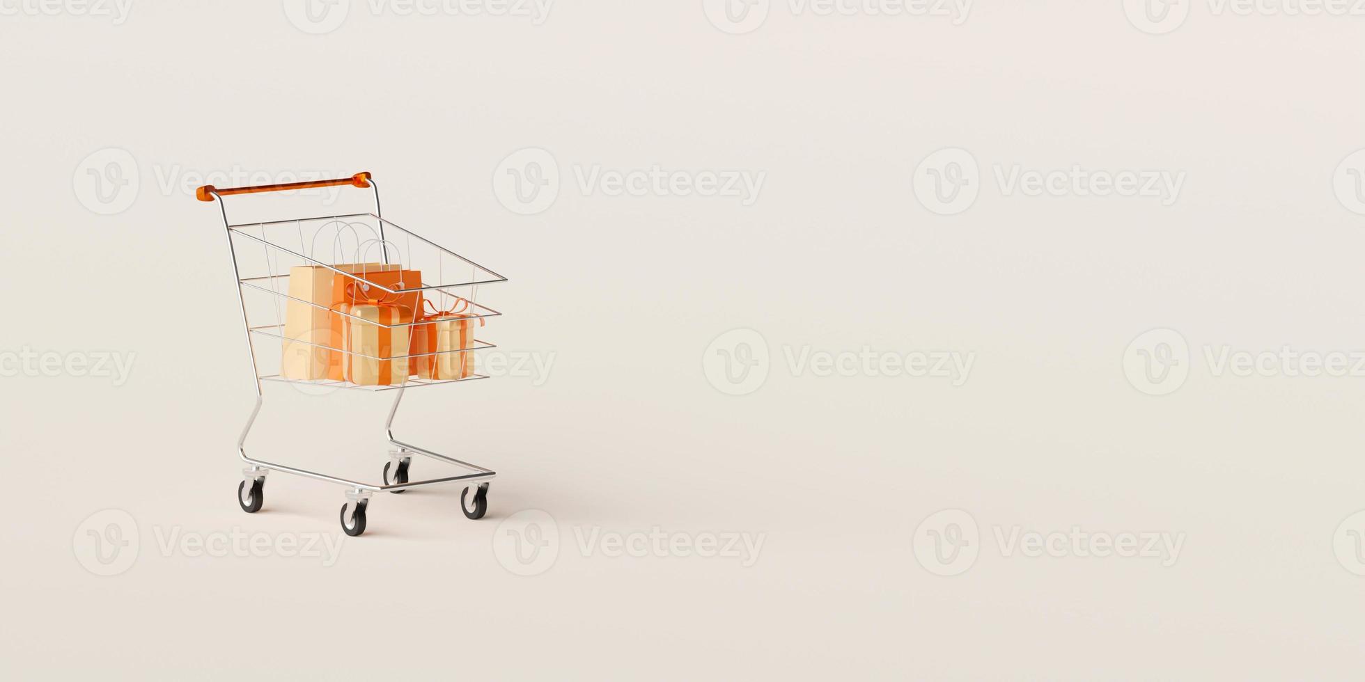 3D-illustration av kundvagn med presentförpackning och shoppingväska, banner av annons foto