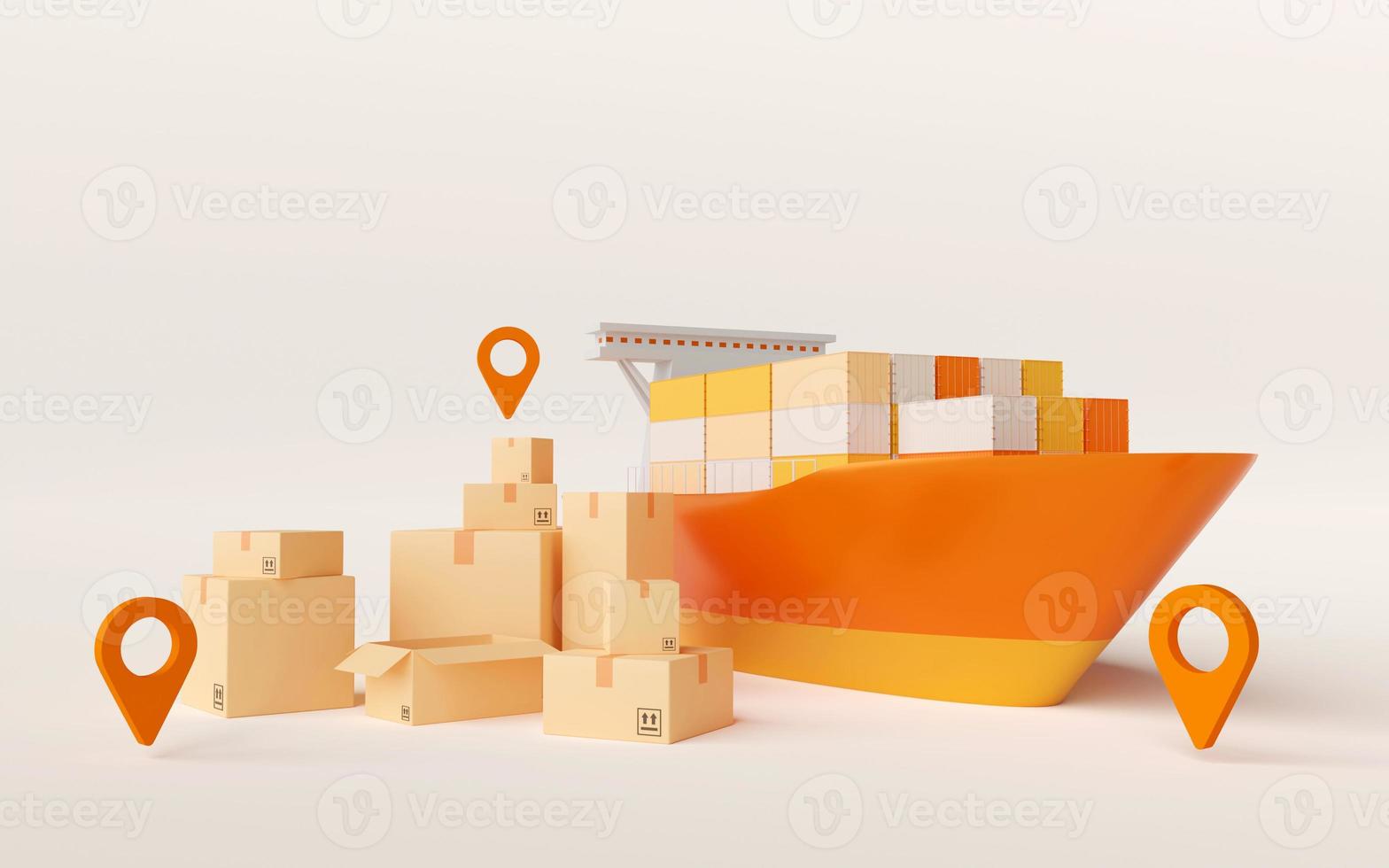 global logistik, lastfartyg med paketlåda, 3d-illustration foto