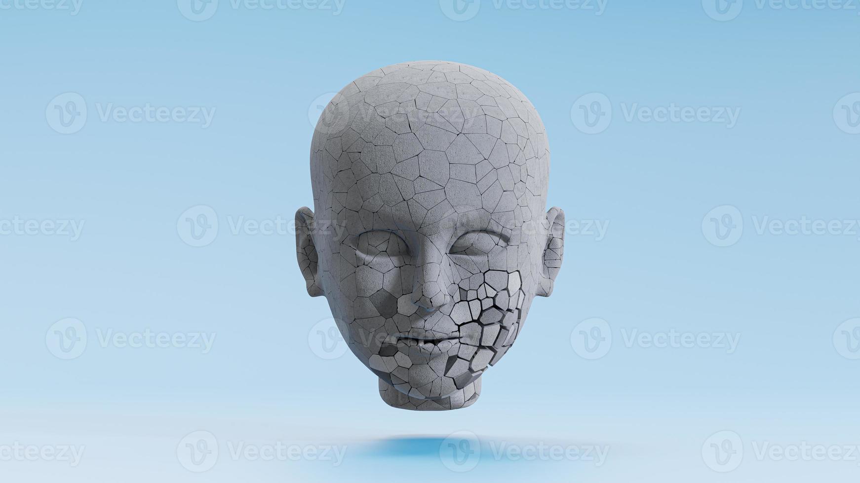 mänskligt ansikte gjord av cement har sprickbildning utseende på blå bakgrund. foto