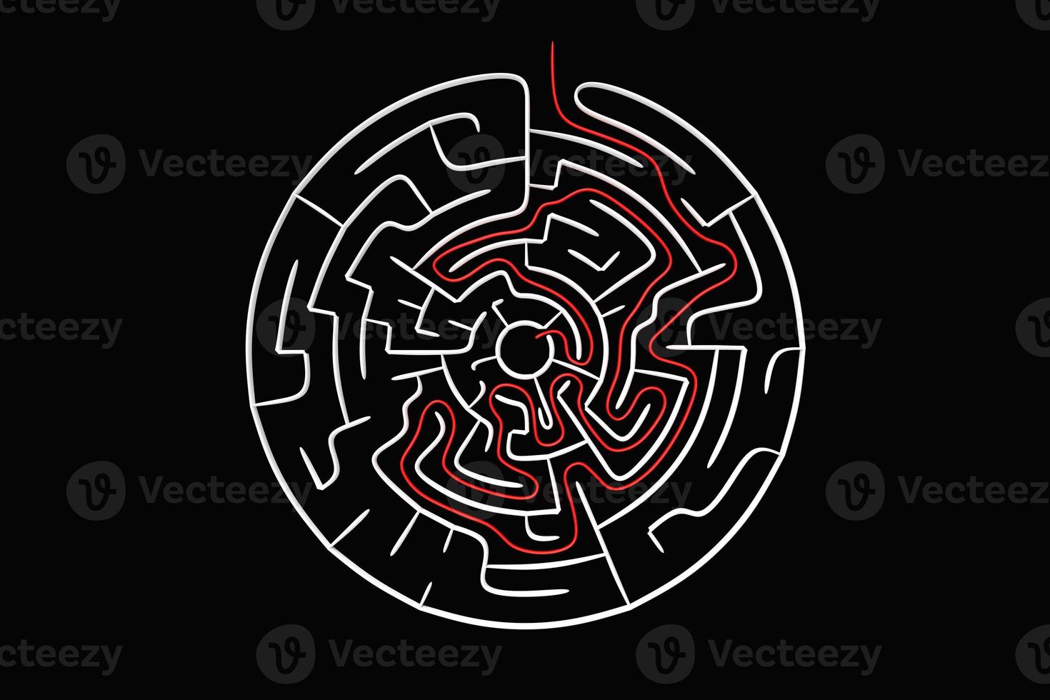 3D-illustration av en svart cirkulär korridor - pussel. 3d labyrint med volymetriska väggar. dungeon escape eller pusselnivådesign. foto