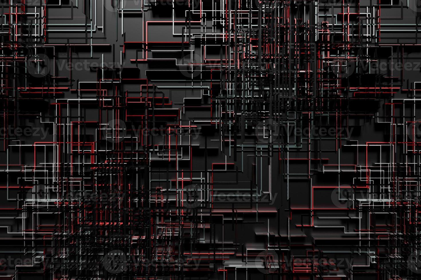 3D-illustration av ett mönster i form av en metall, teknisk plätering av ett rymdskepp eller en robot. abstrakt grafik i stil med datorspel. närbild av den svarta cyberrustningen på neonljus foto