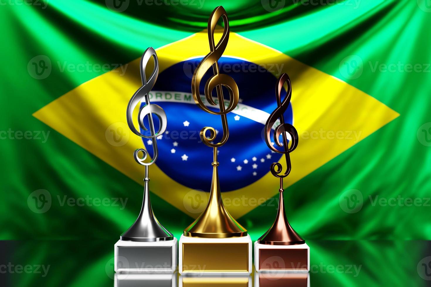 G-klav utmärkelser för att vinna musikpriset mot bakgrunden av Brasiliens nationella flagga, 3d-illustration. foto
