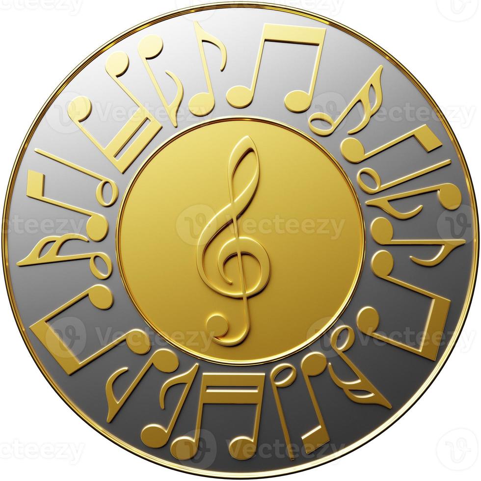 realistisk gyllene metall treble clef och musikaliska noter på en vit bakgrund. 3d gyllene musikalisk symbol - dekorationselement för design. foto