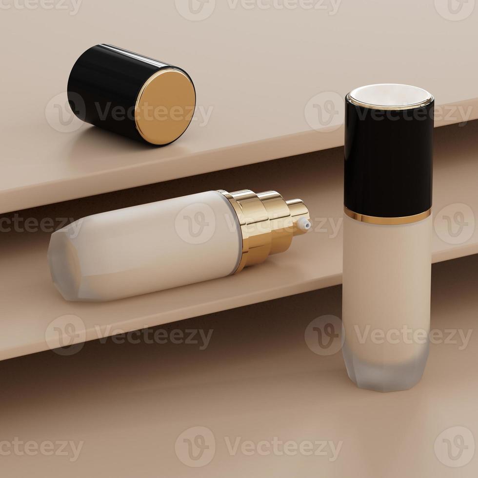 foundation kosmetisk glasrör blank behållare för gel, ansiktskräm, cc, bb ansiktskrämtoner, make up foundation och rund podium beige bakgrund. framifrån 3d illustration foto