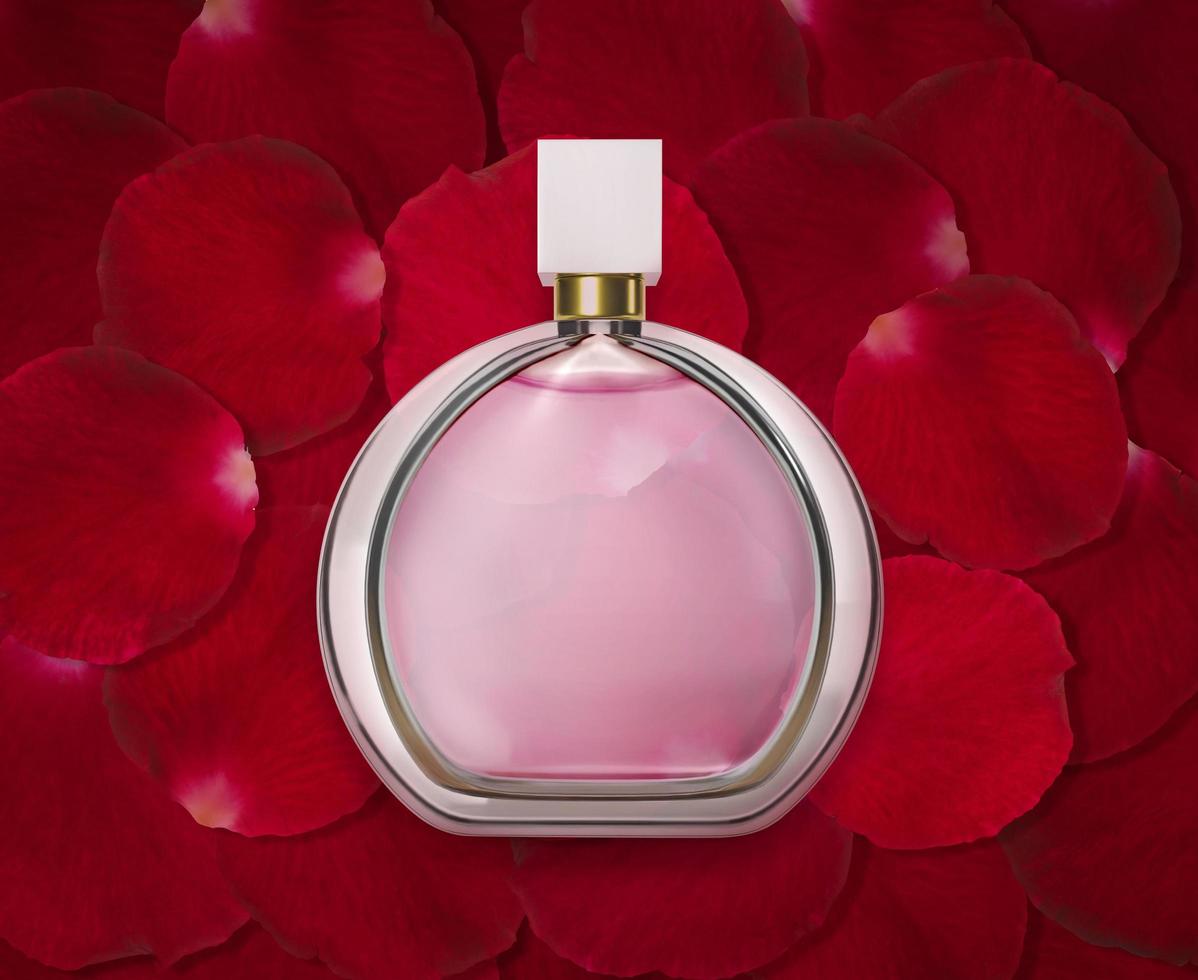 parfymflaska på bakgrund av vackra röda rosenblad foto