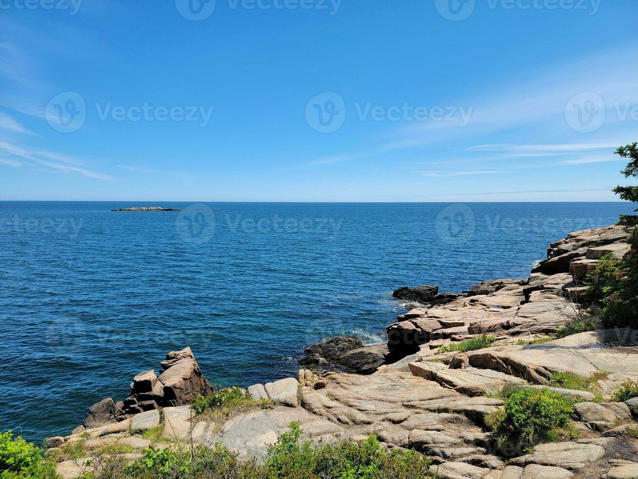 stenig kust vid kusten i maine med gröna växter foto