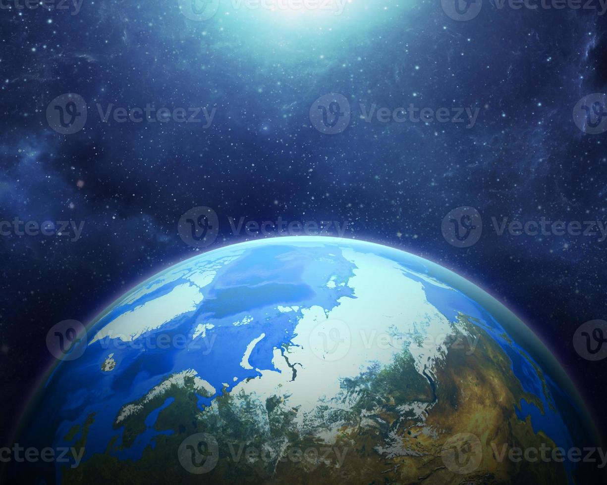 blå jord i rymdkonst färgglada solsystem blå gradient tapeter. 3d rendering foto