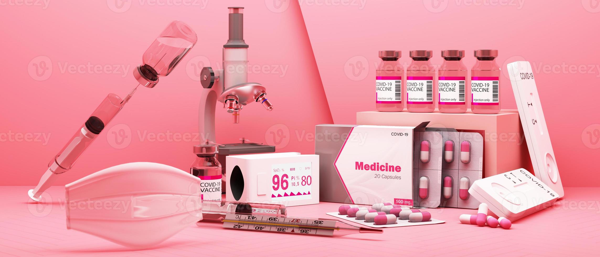 covid-19 självtest kit med vaccin och medicin på vit bakgrund. 3d-rendering foto