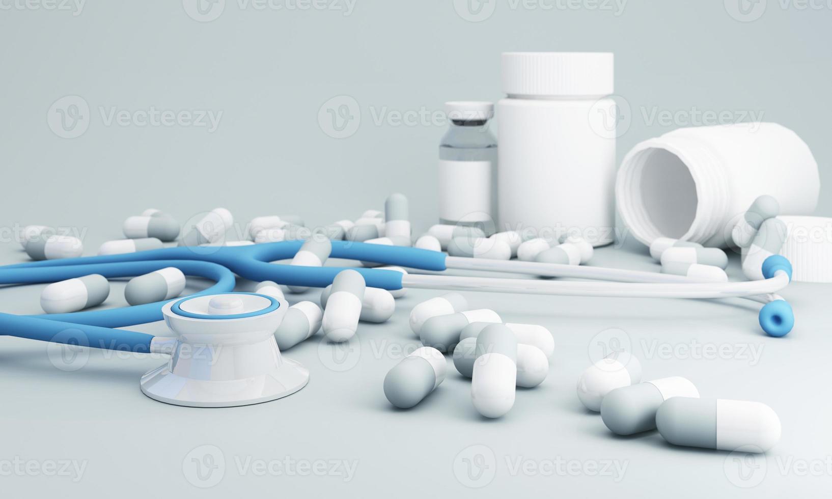 Enkla läkemedel för apotekskategorin inkluderar sårbandage, pillerlåda, stetoskop och vaccin med och massor av piller och kapslar. på blå 3d render illustration foto