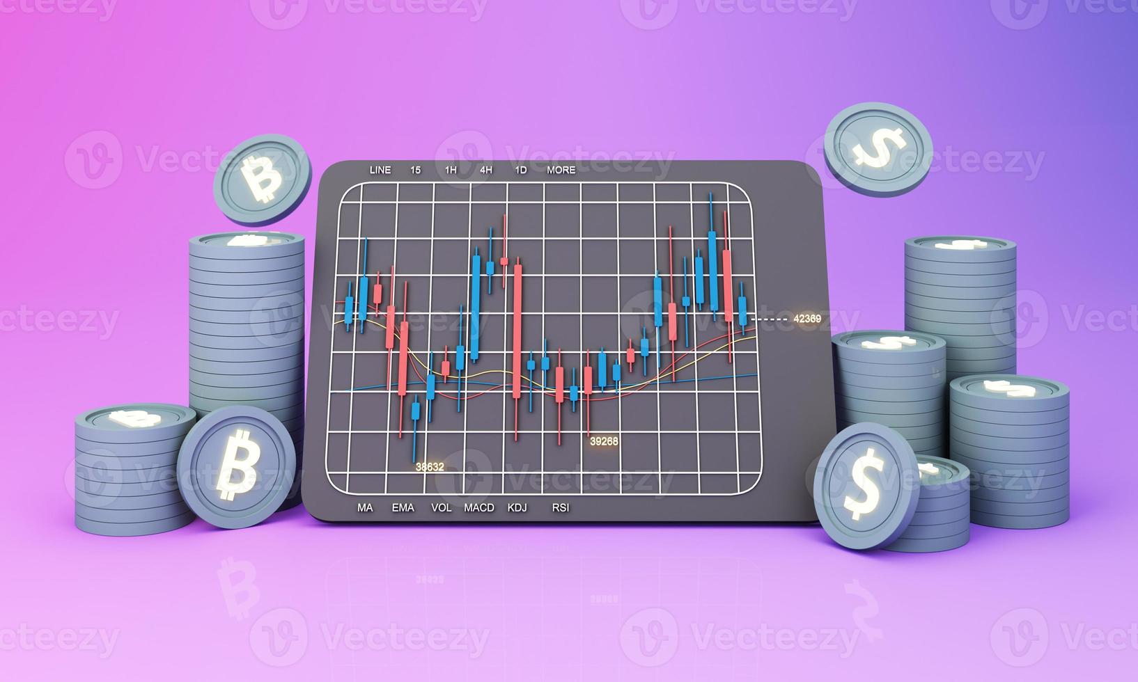 en guide för människor som går in på kryptovalutamarknaden med ett prisdiagram och en penna och anteckningspapper för att studera färgbakgrund 3d-rendering foto