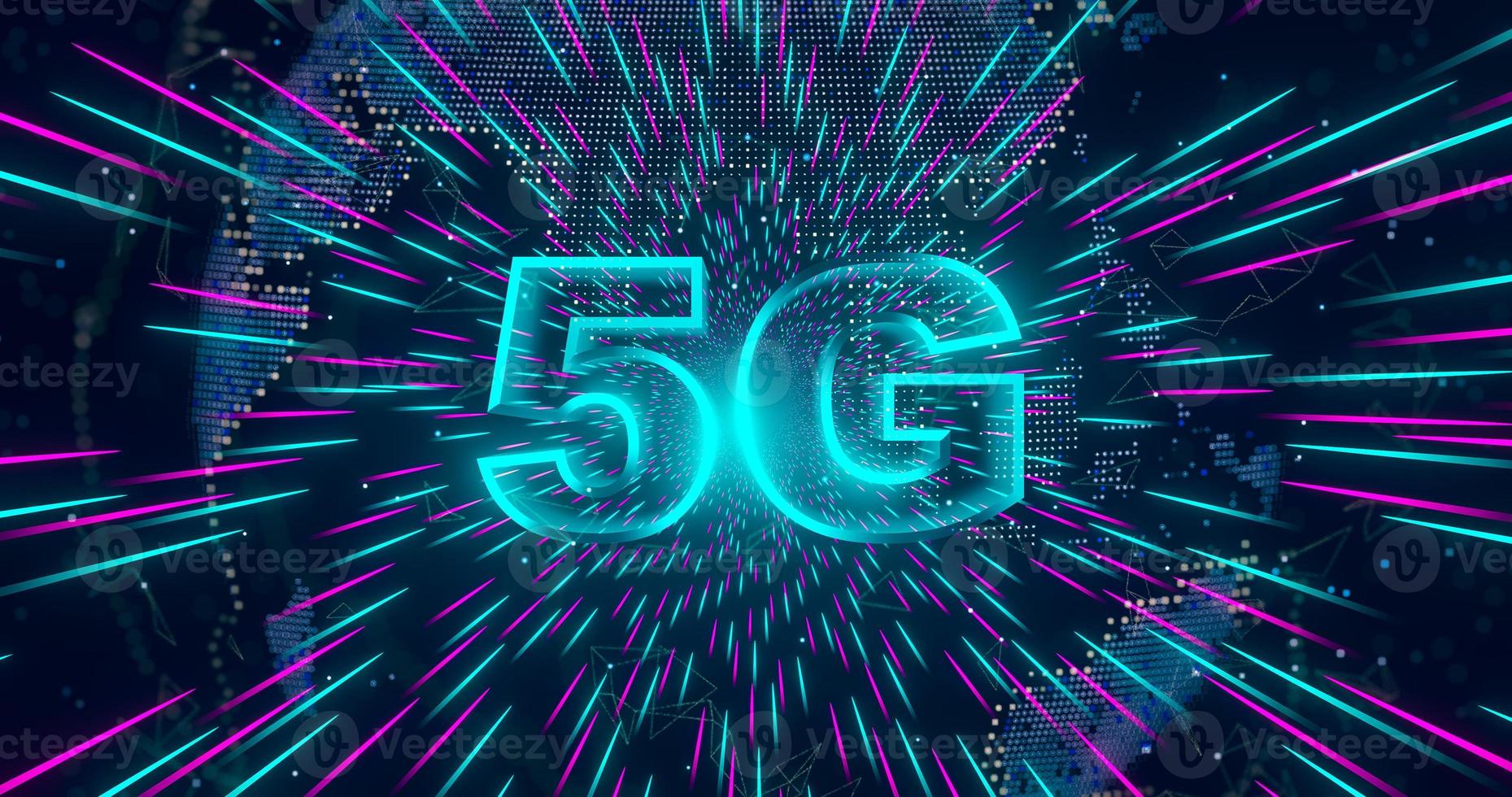 5g symbol med globalt internet nätverk bakgrund. 5:e generationens trådlösa internetuppkoppling. digitalt globalt nätverk höghastighetsteknologikoncept. 3d-rendering. foto