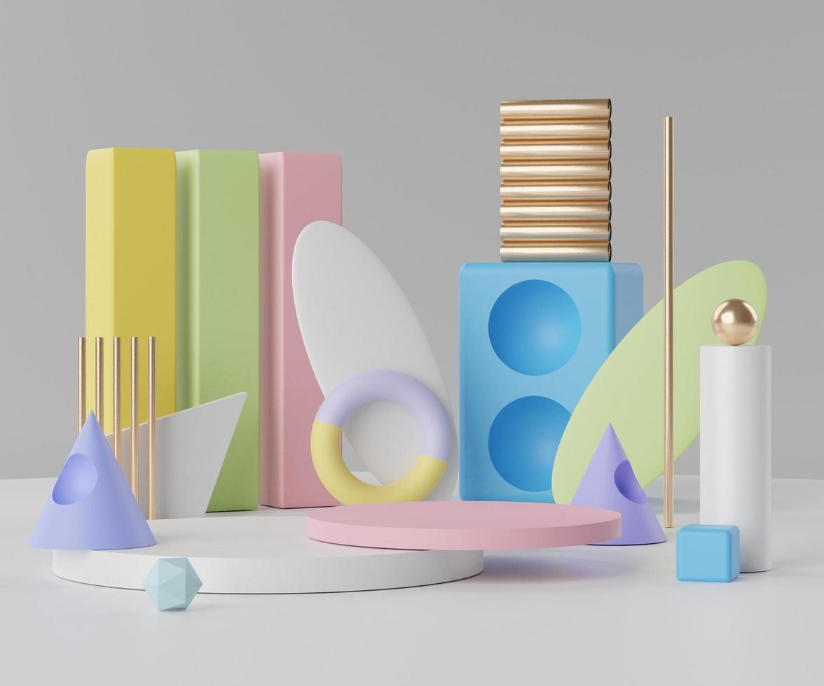 3D-renderingsscen med minimalt podium för visningsprodukter med pastelltema. abstrakt tom bakgrund för kosmetisk reklam foto