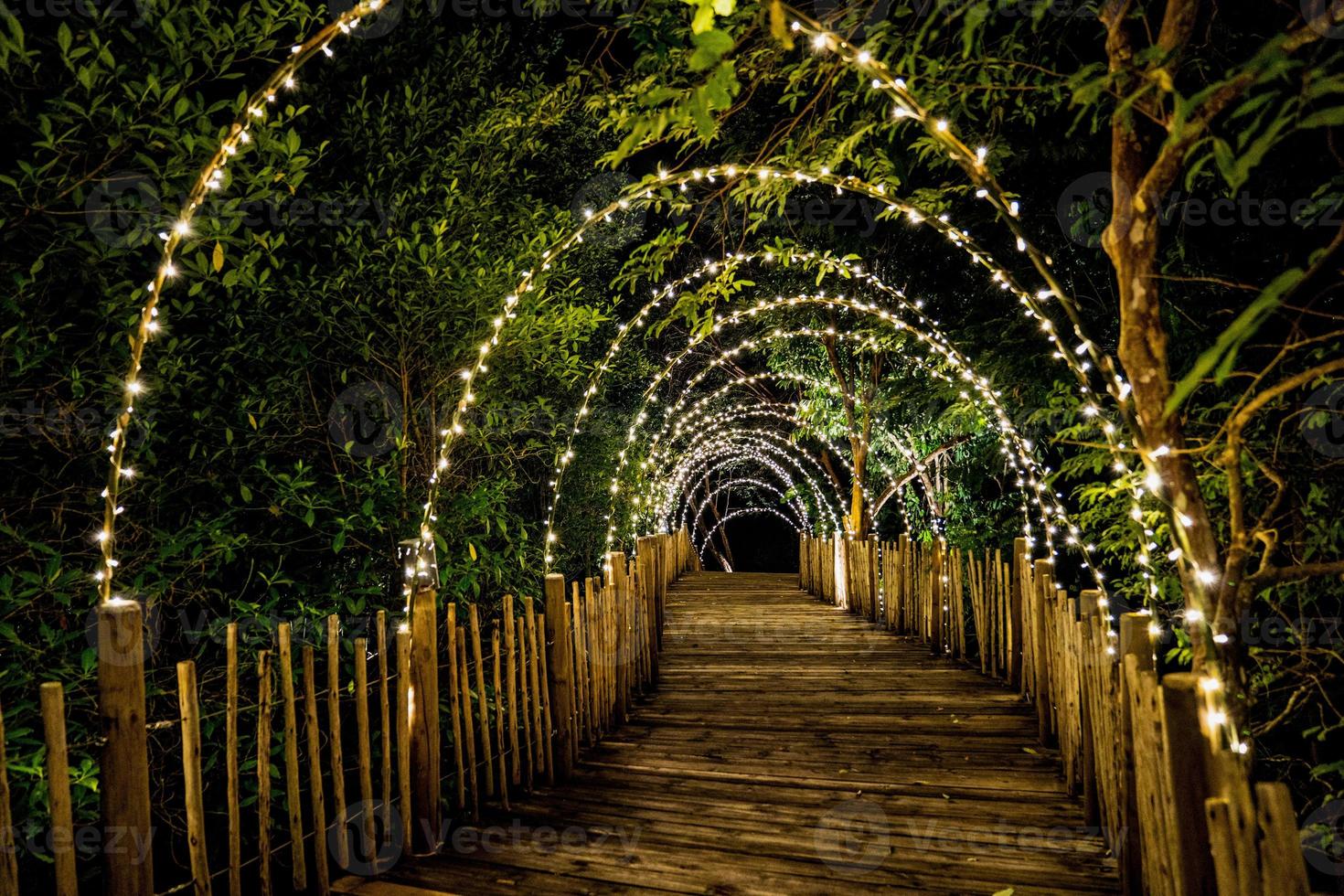 belysning linje hänga på träd dekoration på grotta koncept på trä terrassen gångväg med mörkare runt. foto