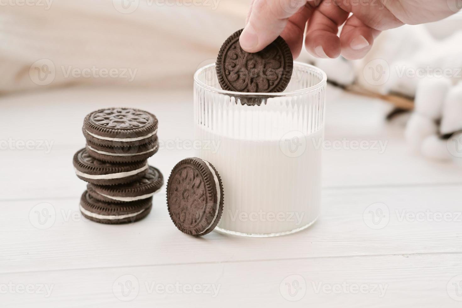 kvinnlig hand doppar kakor i mjölk. hand som håller en chokladkaka foto