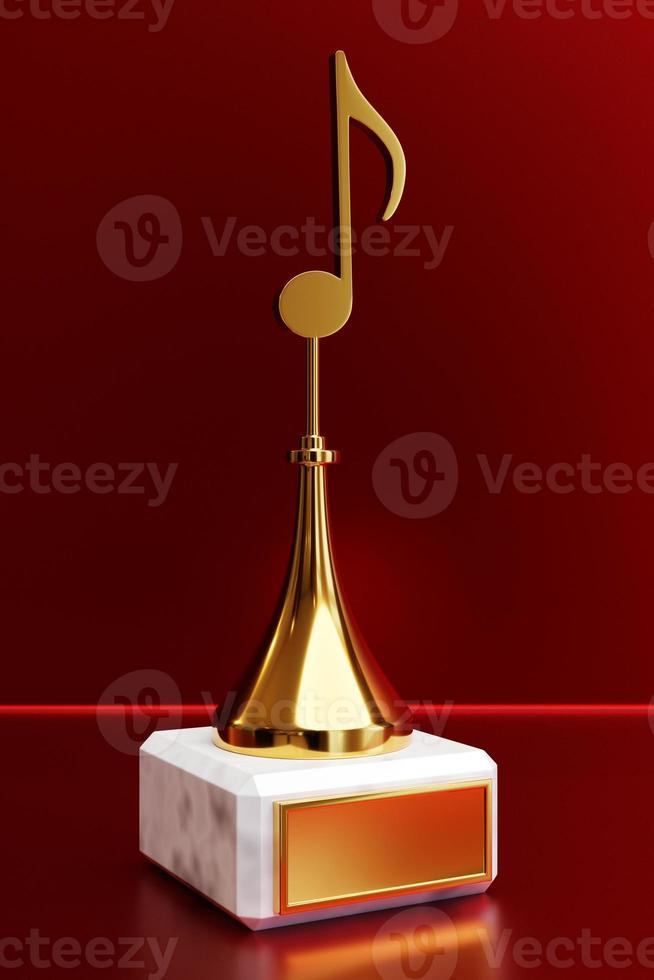 gyllene musikpris med en anteckning på en röd bakgrund, 3d-illustration foto