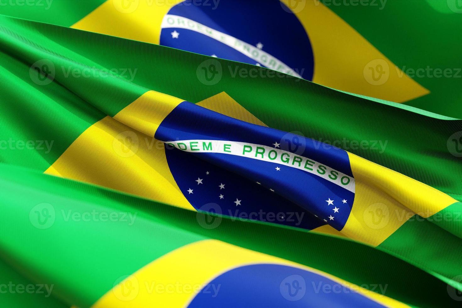 Brasiliens nationella flagga från textilier närbild i tre versioner, mjukt fokus foto