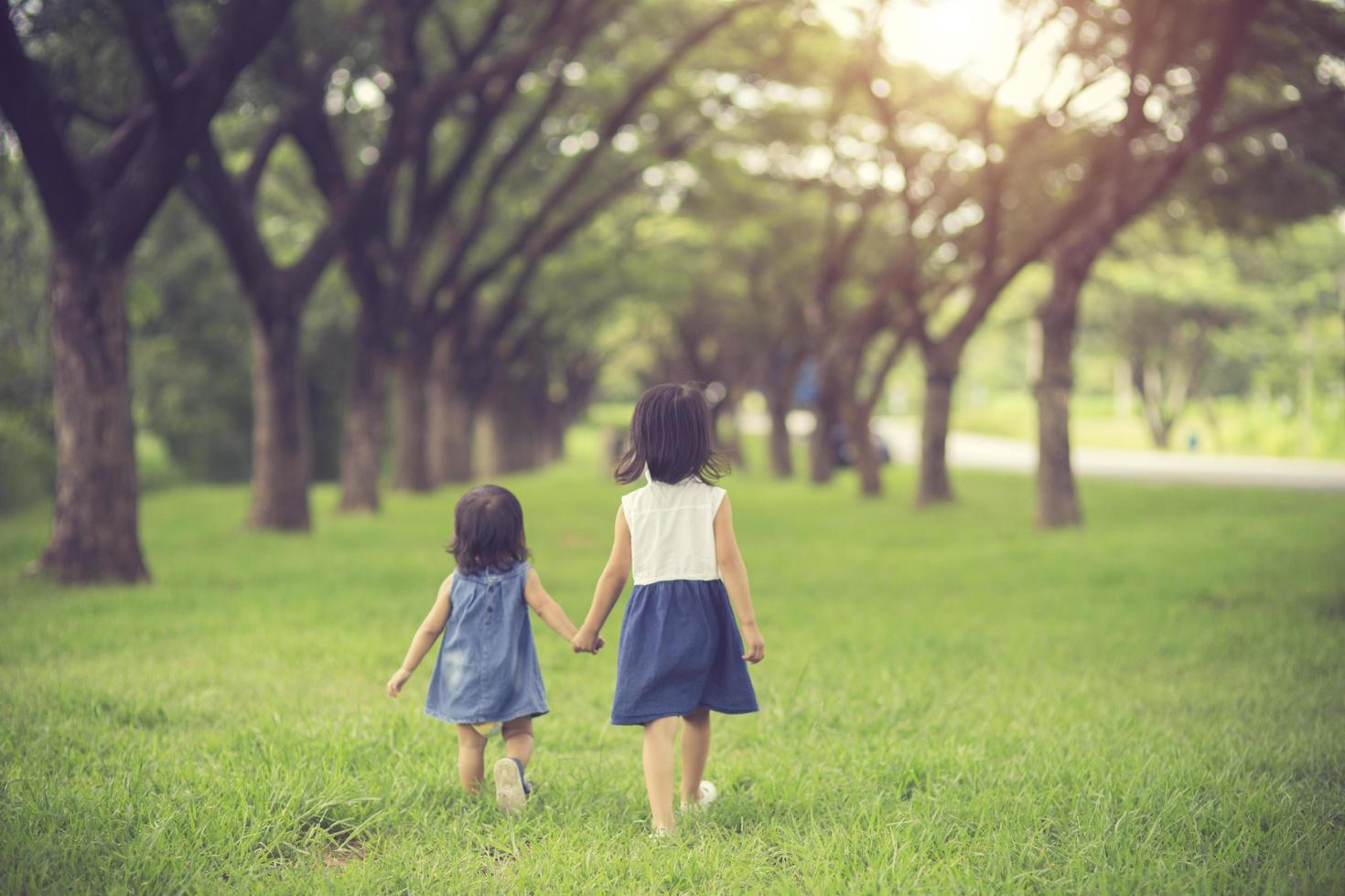två småsystrar som håller varandra i händerna och springer framåt. vintagefärg foto