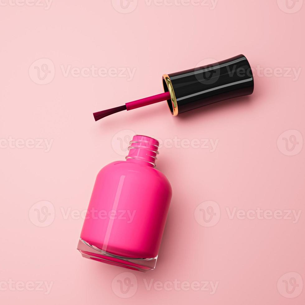 naken nagellack glasflaska mockup på rosa bakgrund med kopia utrymme, ovanifrån. make-up skönhet kosmetisk produkt 3d illustration foto