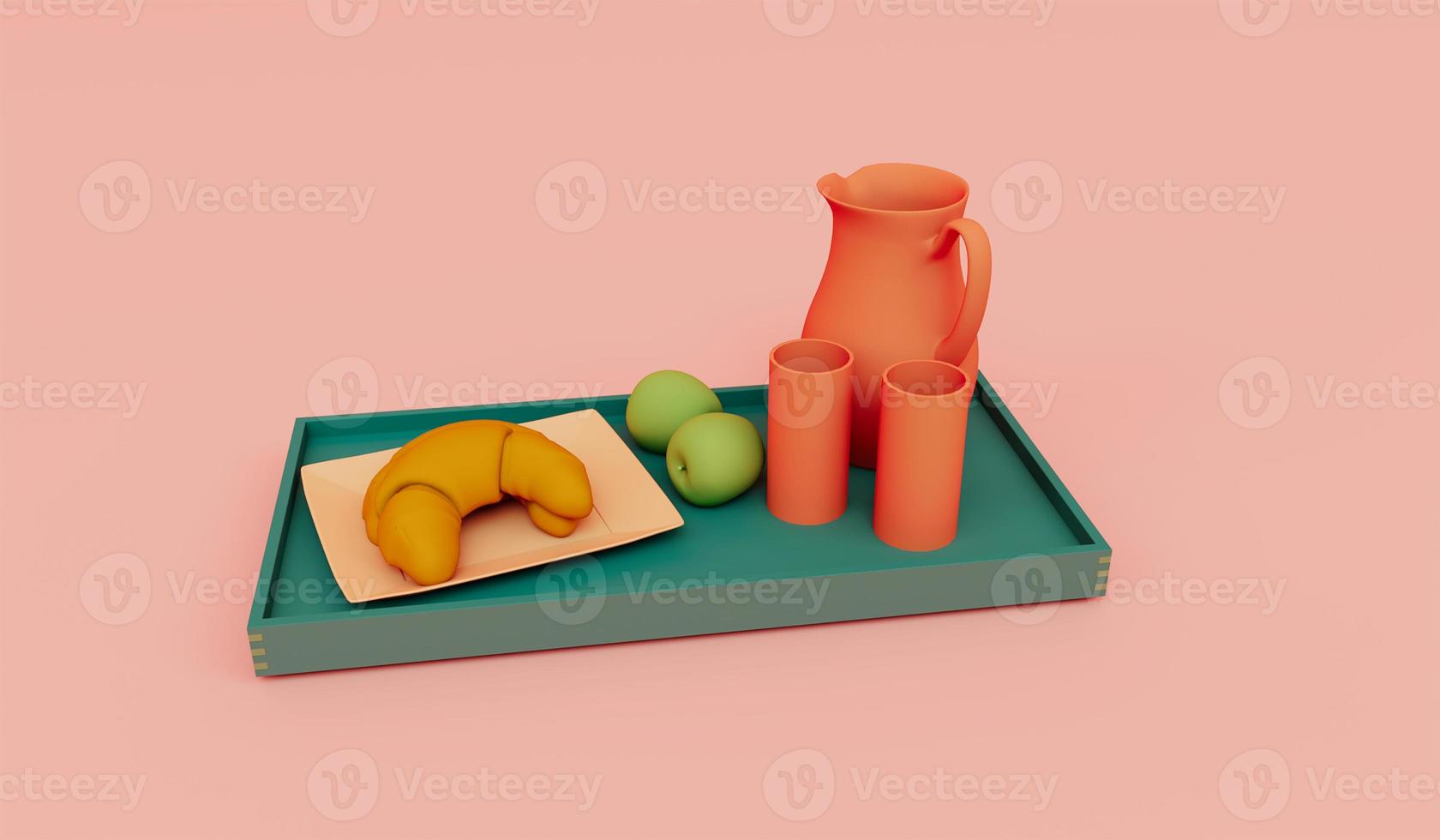 3D-rendering av bröd och äppelkanna glas på bricka på rosa bakgrund foto