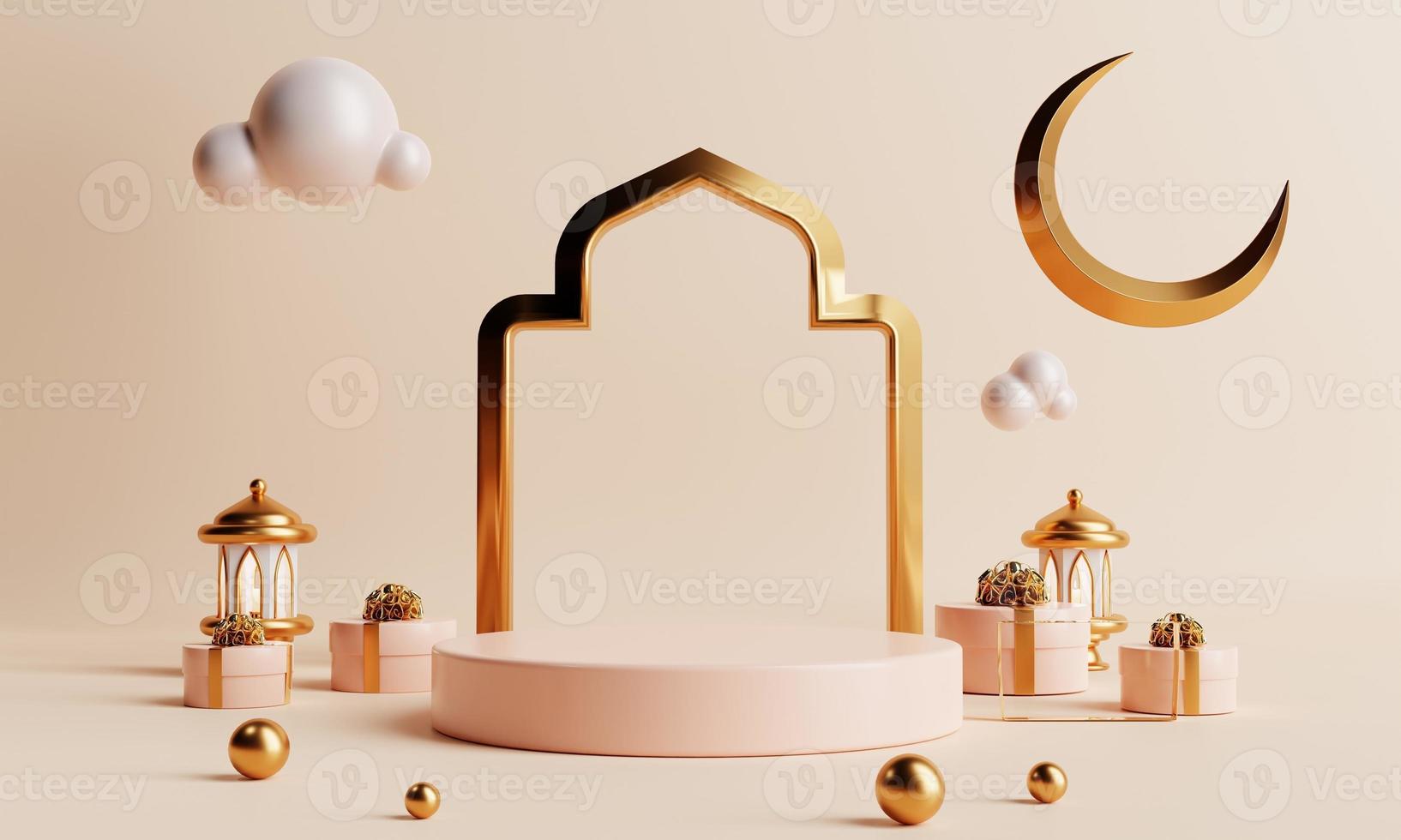 minimal produktpodium i ramadan eller eid mubarak islamisk traditionell kulturstil på korallfärgbakgrund. semester och arabisk festival koncept. 3d illustration rendering foto