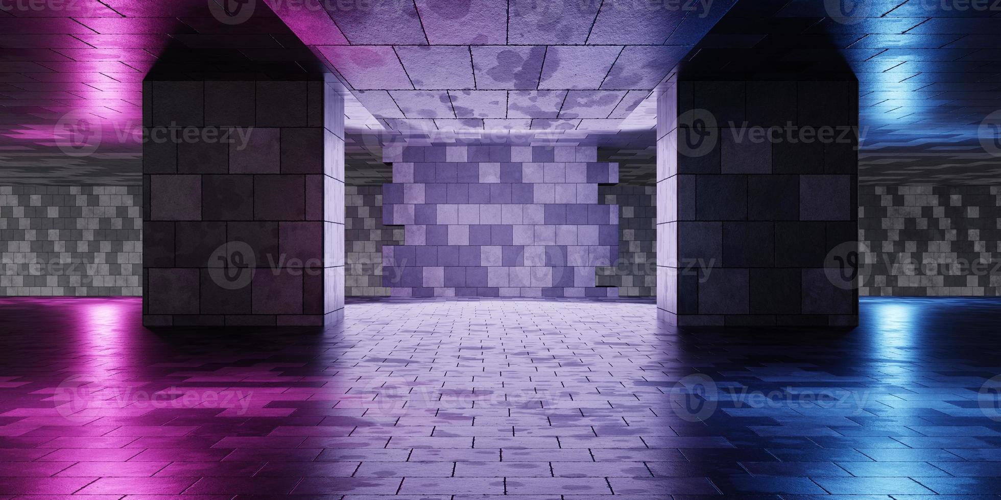 tomt rum med retro kakelvägg och blå och lila-rosa neonljusbakgrund. abstrakt arkitektur och cyberteknik för reklamkoncept. 3d illustration rendering foto