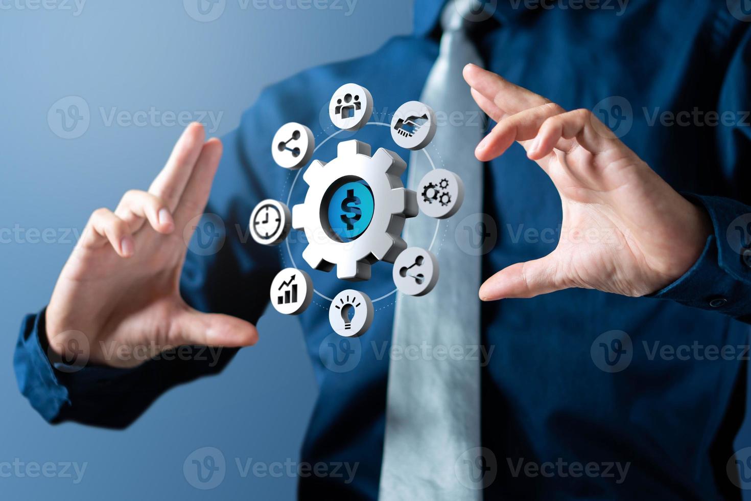 affärsman visa kugghjul ledning cirkel ikon för företag foto