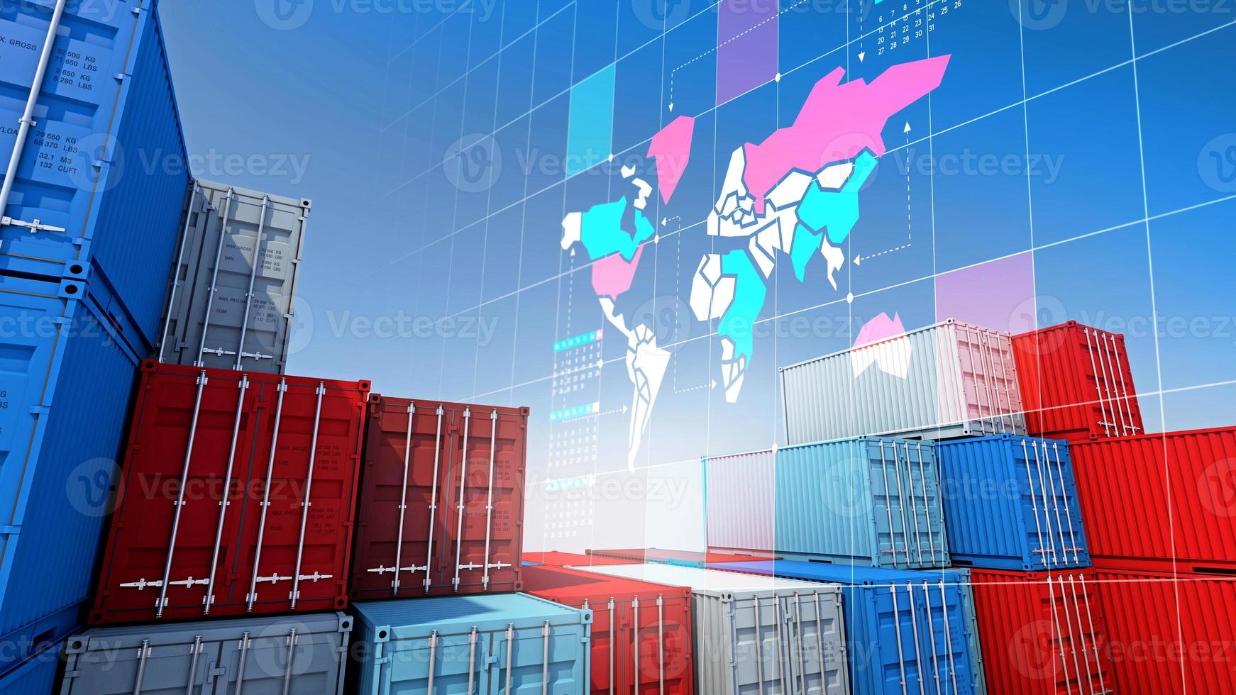 containerlast för importexportföretag och digital världskarta, 3d-rendering foto