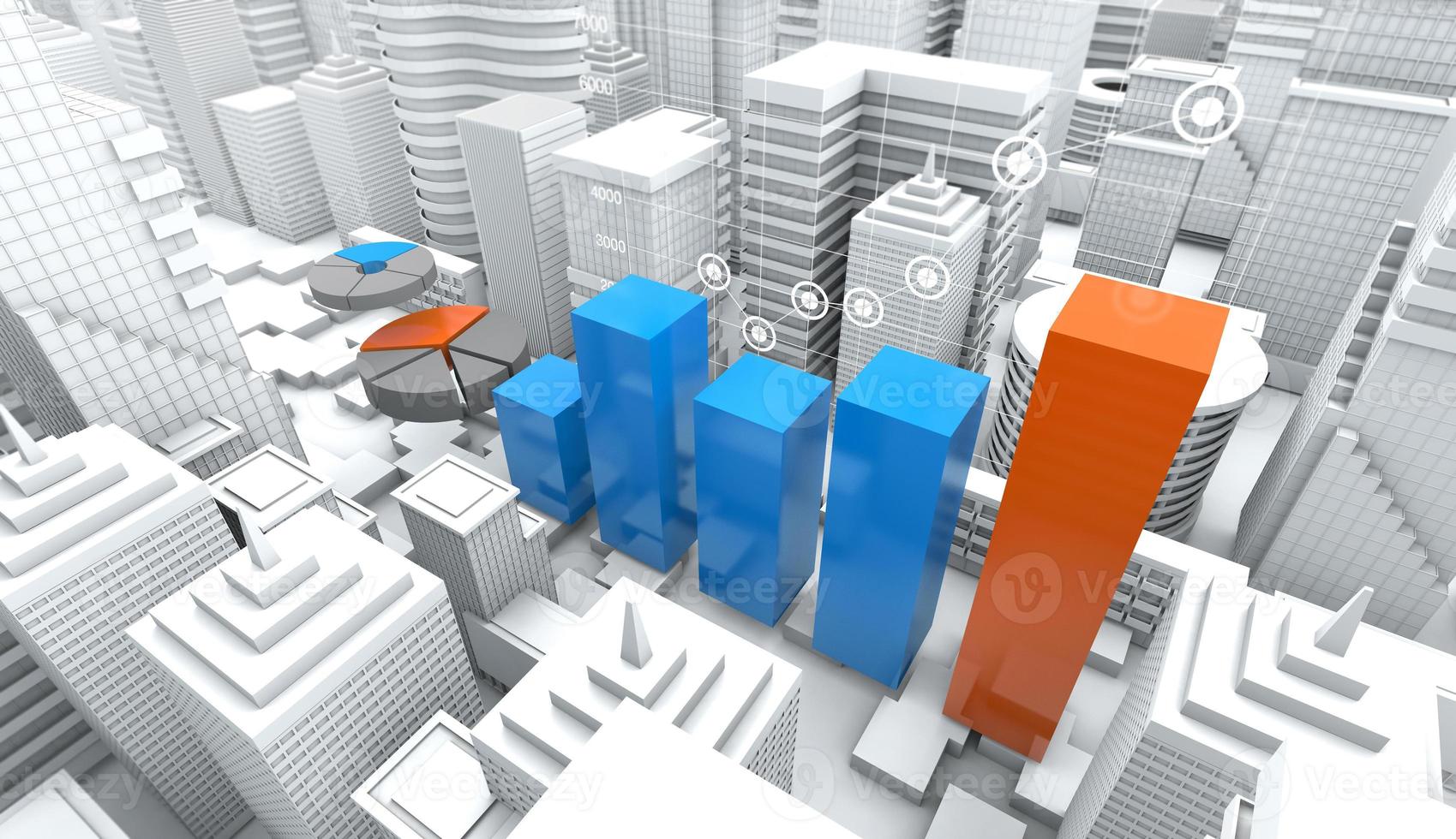 affärsinfografikdiagram i modern byggnadsstad, 3d-rendering foto