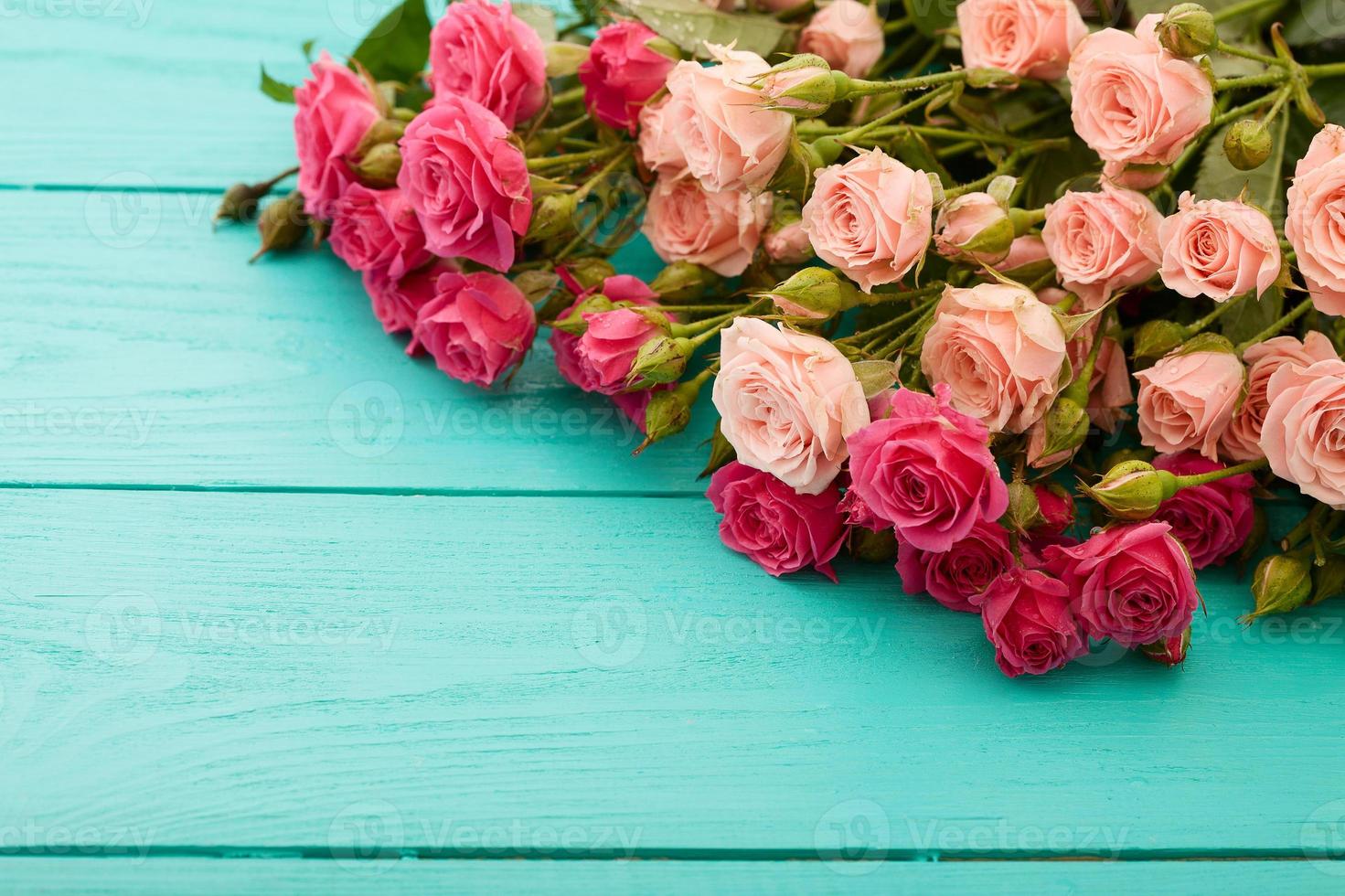 ram av färgglada rosor. ovanifrån och selektiv fokusering. alla hjärtans blommor och mors dag. kopiera utrymme och mock up. foto