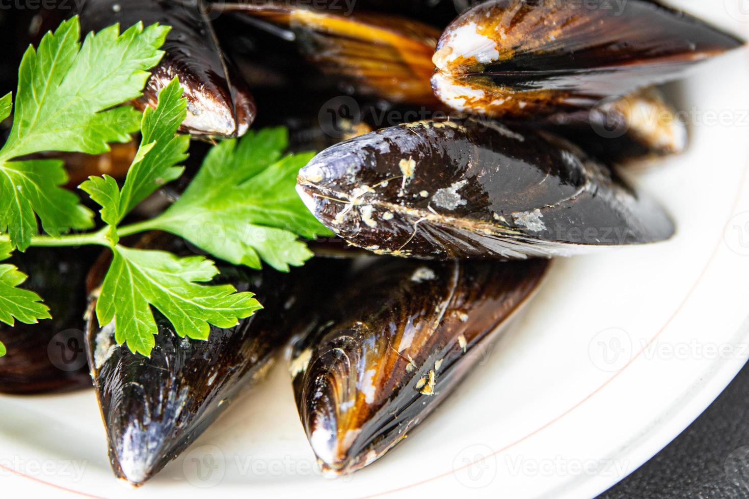 färska musslor skal skaldjur måltid mat mellanmål på bordet kopia utrymme mat foto
