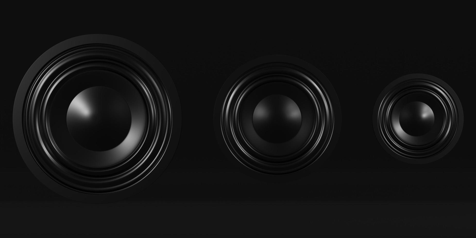 musik högtalare 3d rendering. teknologi ljud makt bas stereosystem svart studio bakgrund med kopia utrymme på mörkt ljus. 3D-rendering illustration. foto