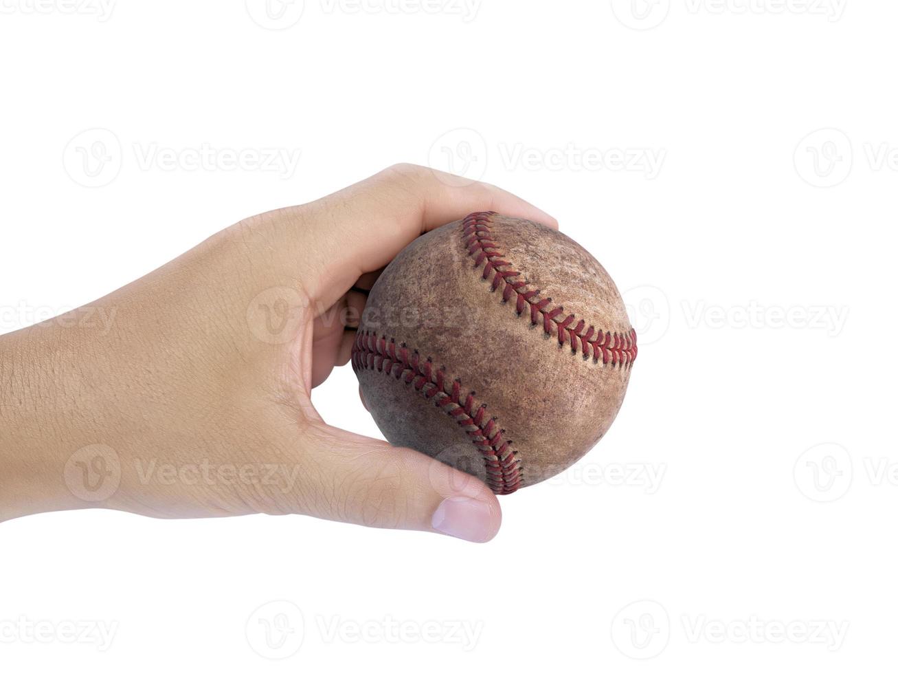 baseball i handen på vit bakgrund foto