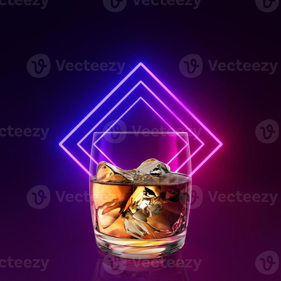 whisky med is i ett glas på bakgrundens glödande linjer, tunnel, neonljus. 3d rendering foto