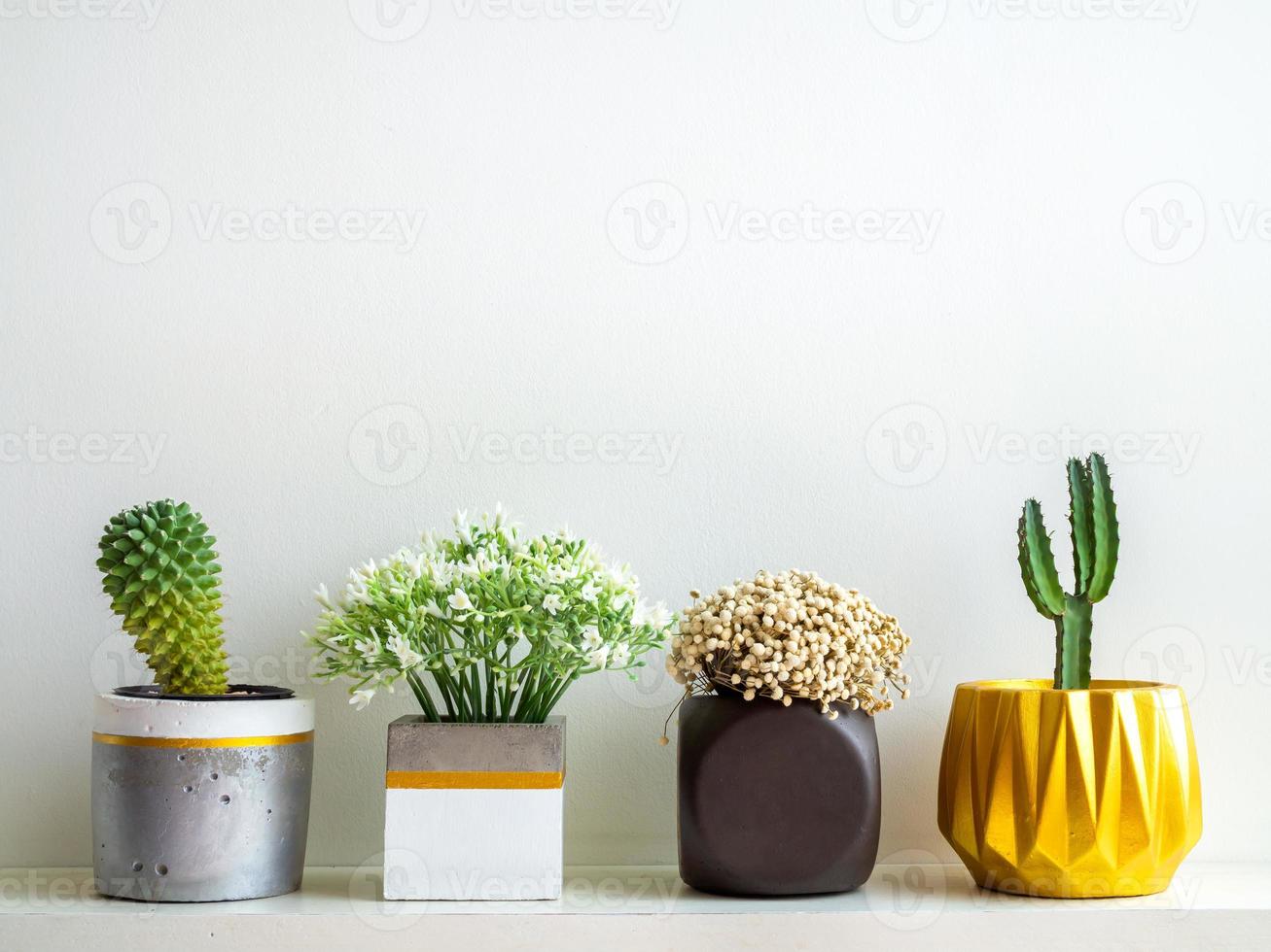 vackra olika geometriska betongkrukor med kaktus, blommor och suckulentväxt. målade betongkrukor för heminredning foto